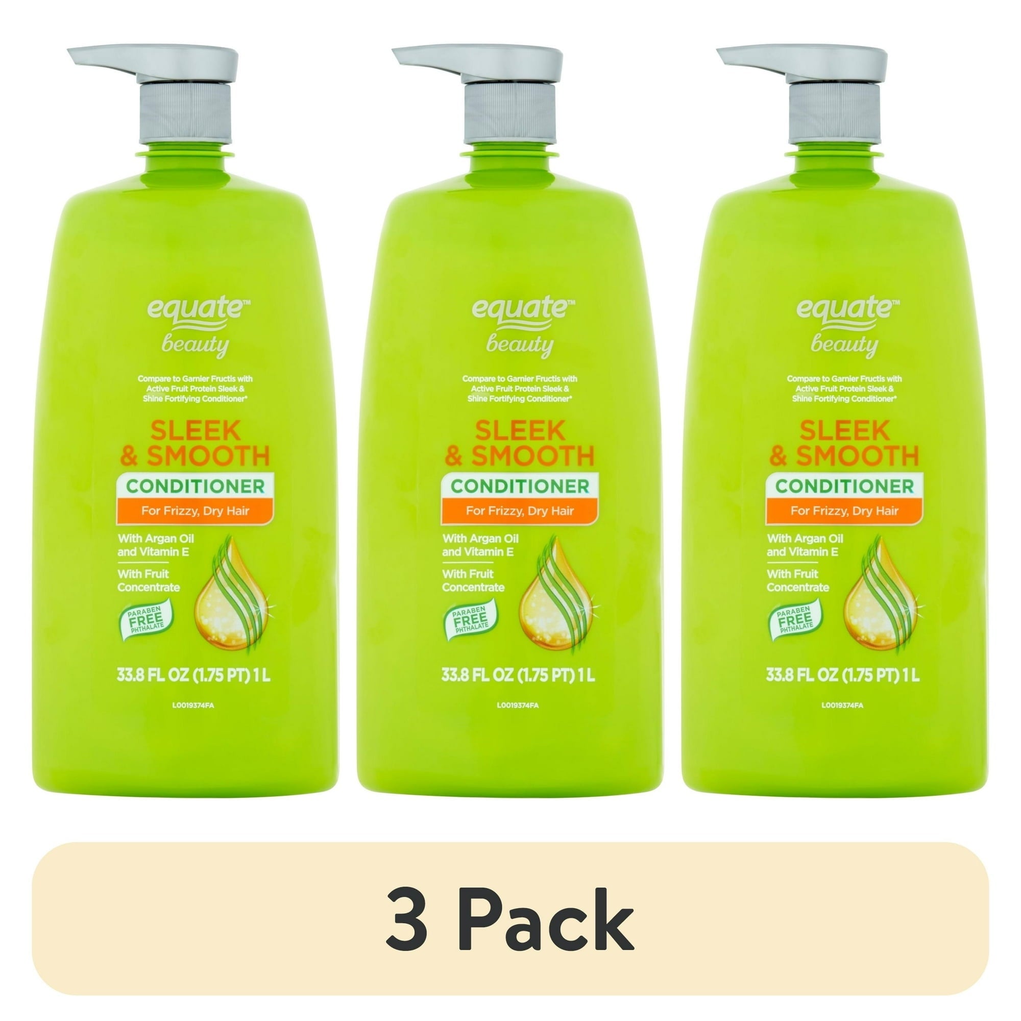 (3 pack) Equate Sleek & Smooth Conditioner for Frizzy & Dry Hair Care - 33.8 fl oz - Compare to Garnier Fructis
