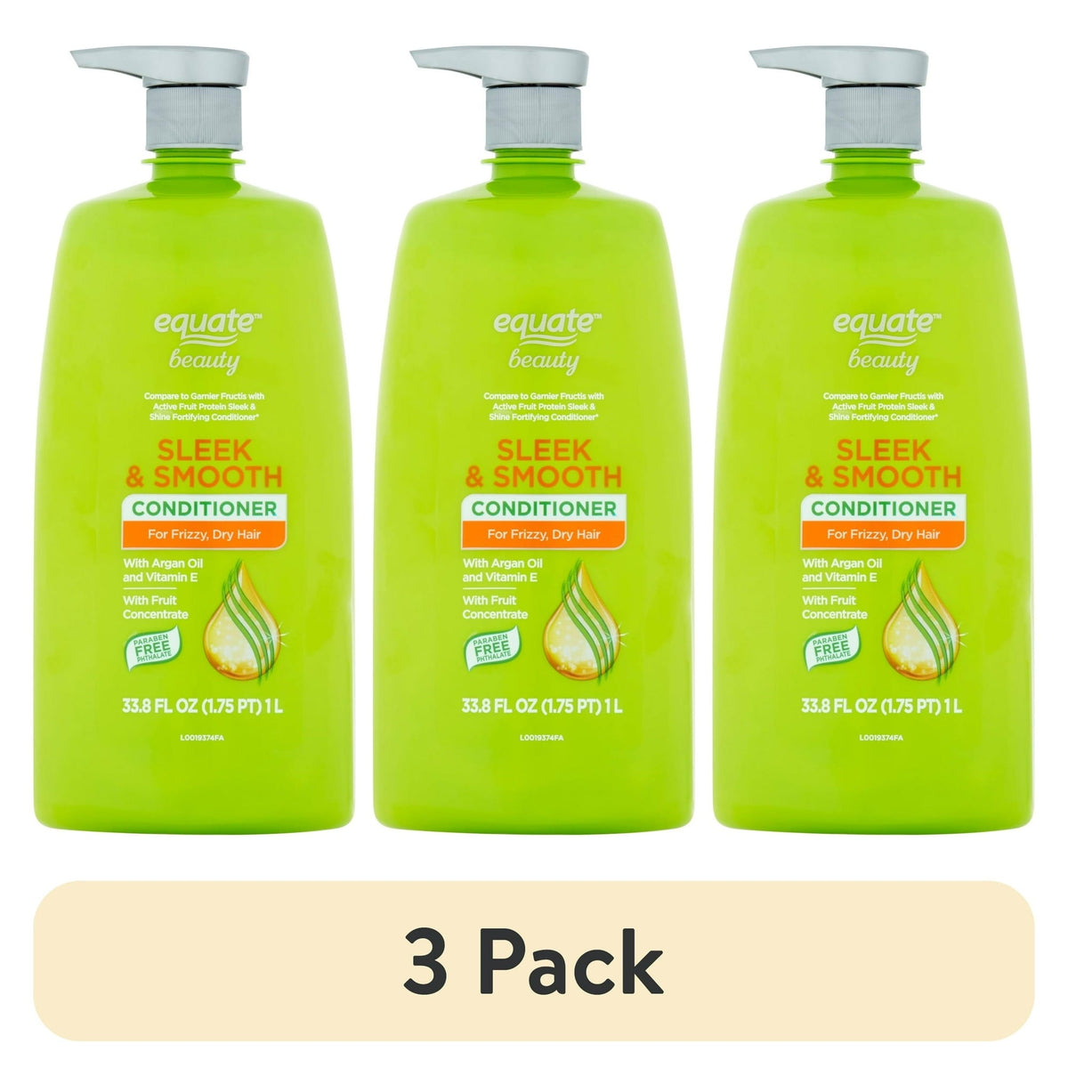 (3 pack) Equate Sleek & Smooth Conditioner for Frizzy & Dry Hair Care - 33.8 fl oz - Compare to Garnier Fructis