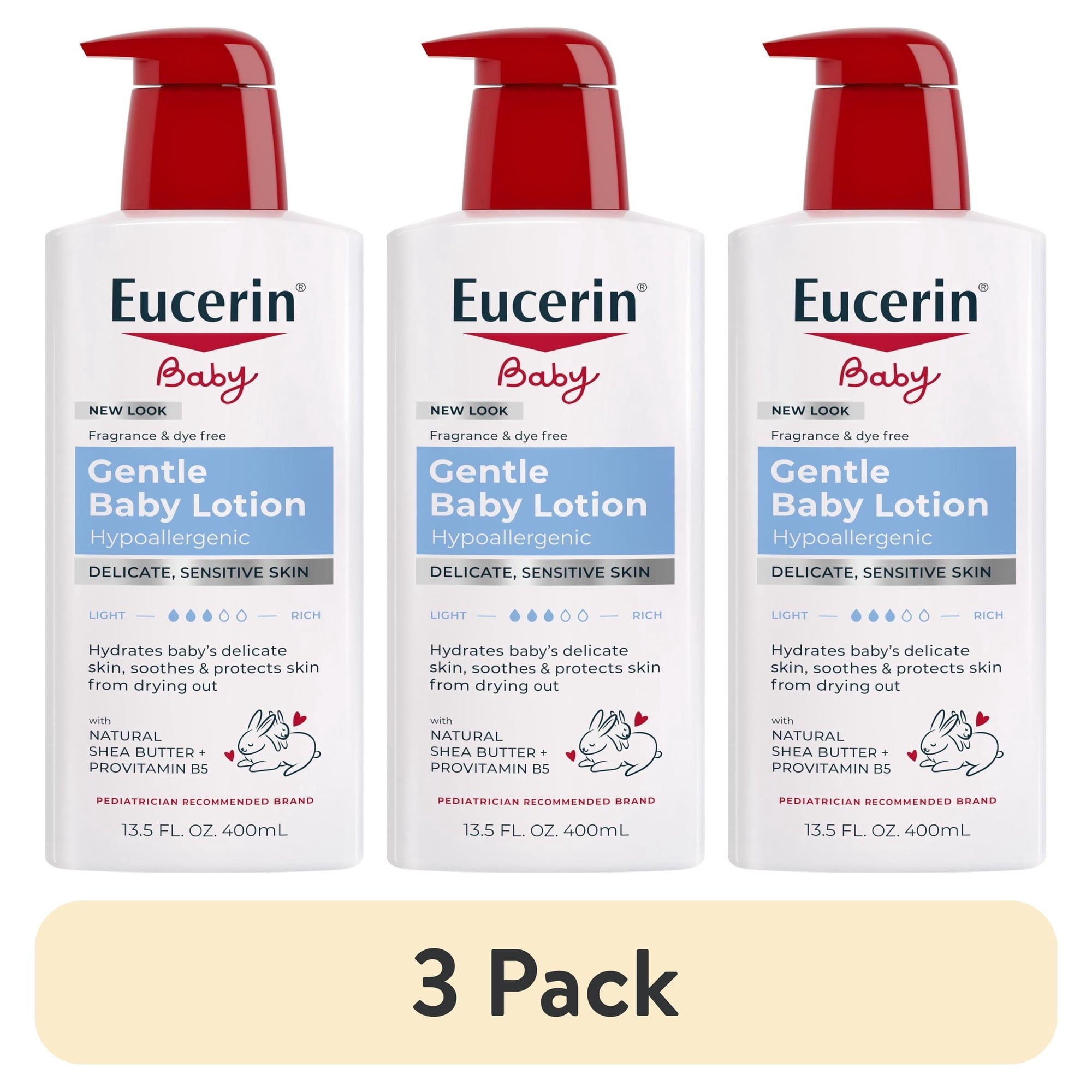 (3 pack) Eucerin Baby Lotion with Provitamin B5 and Shea Butter, Hypoallergenic, Fragrance Free, 13.5 fl oz