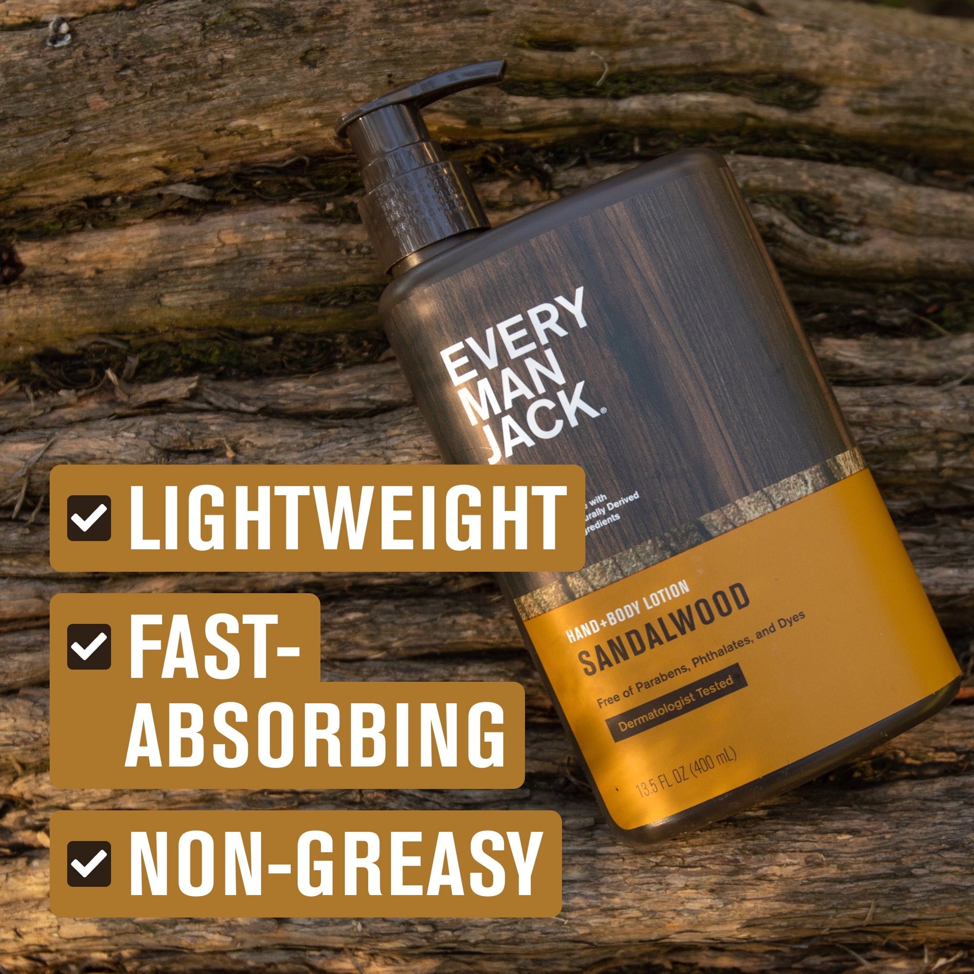 (3 pack) Every Man Jack Mens Sandalwood Hand & Body Lotion for All Skin Types - Dermatologist Tested & Hypoallergenic - Nourish Skin with Lightweight Fast Absorbing Natural Lotion - 13.5oz