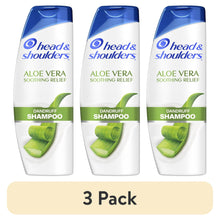 3-pack dandruff shampoo bottles, white with blue caps, Aloe Vera soothing relief