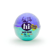 Hi Tide bath bomb, periwinkle purple top and turquoise bottom, prize badge on front