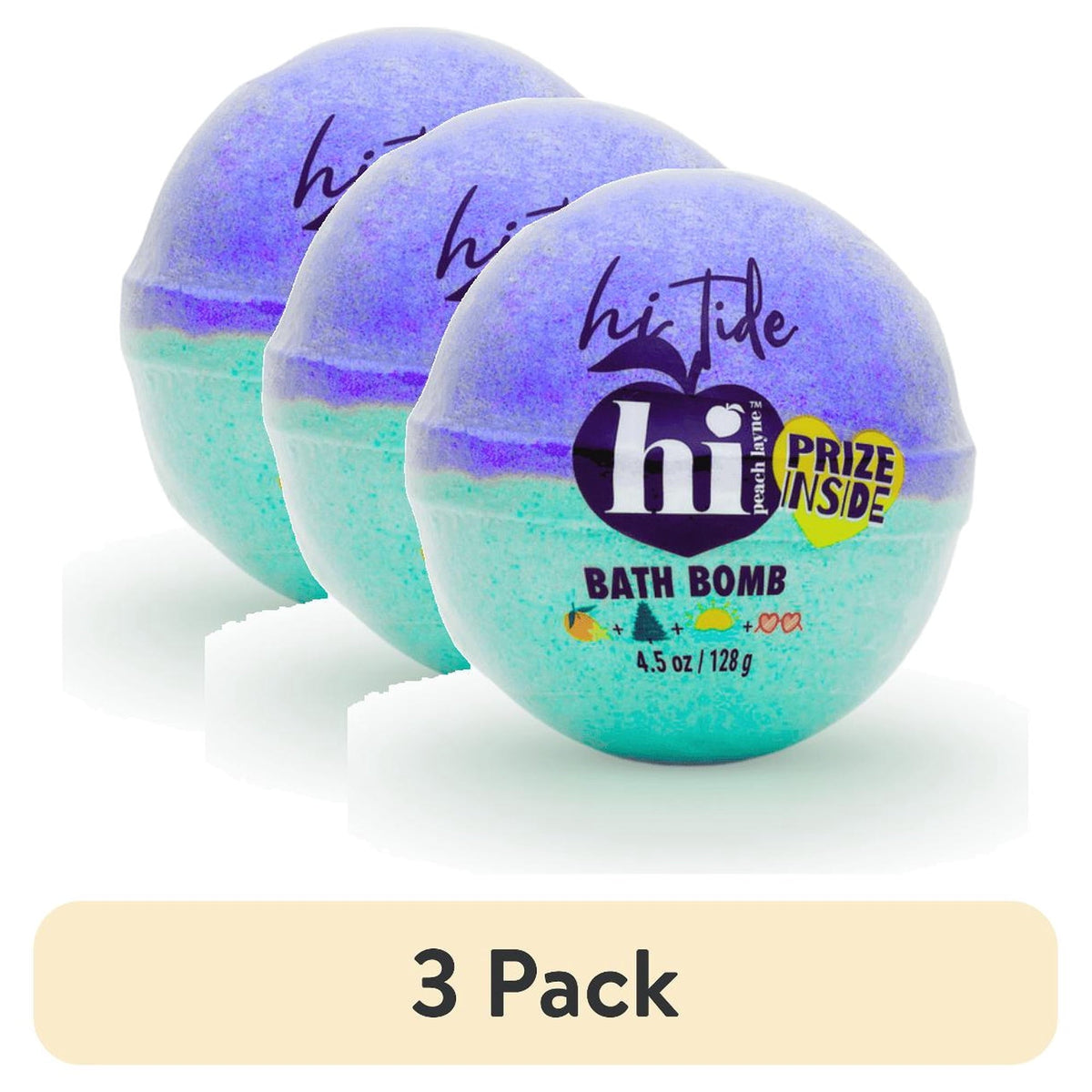 (3 pack) Hi Peach Layne Hi Tide, Periwinkle and Turquoise Clean Beauty Bath Bomb with Prize, 4.5oz