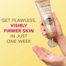 Jergens Natural Glow lotion tube above skin, firming daily moisturizer, medium to deep tones