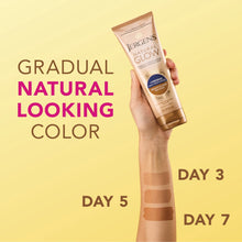Hand holding Jergens Natural Glow self tanner lotion tube, medium to deep skin tones