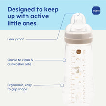 MAM Easy Active baby bottle, clear with beige collar, measurement markings and silicone nipple