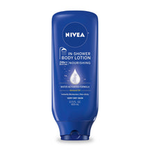 NIVEA in-shower body lotion bottle, blue front label