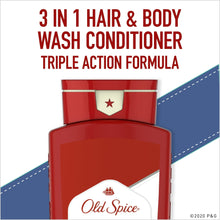 Red Old Spice hair & body wash bottle with top cap and front label, 3 in 1