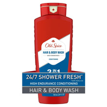 Red Old Spice 3-in-1 hair & body wash bottle with blue 24/7 Shower Fresh label