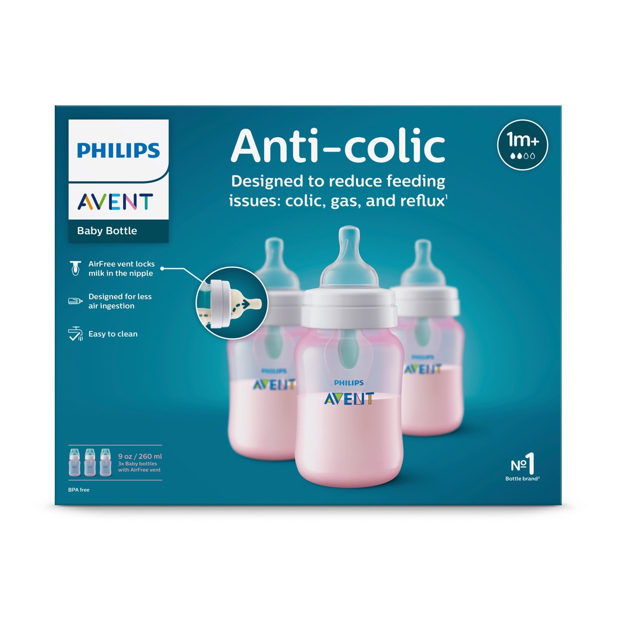 (3 pack) Philips Avent Anti-colic Bottle with AirFree Vent, 9oz, 3pk, Pink, SCY703/13