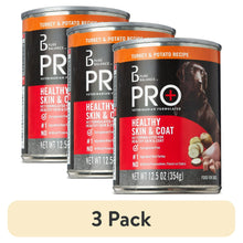 Wet dog food can multipack, turkey and potato recipe, three cans shown