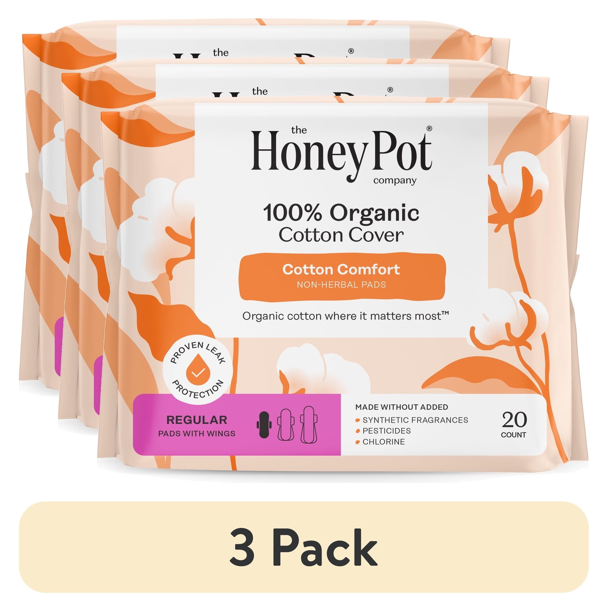 (3 pack) The Honey Pot Company, Non-Herbal Regular Pads with Wings, Organic Cotton Cover, 20 ct.