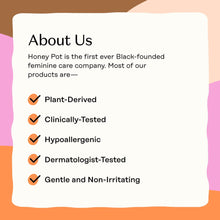 Honey Pot brand info card with checkmarks for plant-derived, tested, gentle, non-irritating