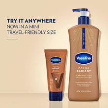Vaseline Cocoa Radiant body lotion in full-size bottle and mini tube, cocoa-brown