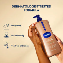 Vaseline Cocoa Radiant body lotion bottle in hand with blue pump