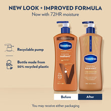 Vaseline Cocoa Radiant body lotion bottle pair with blue pumps, cocoa-brown