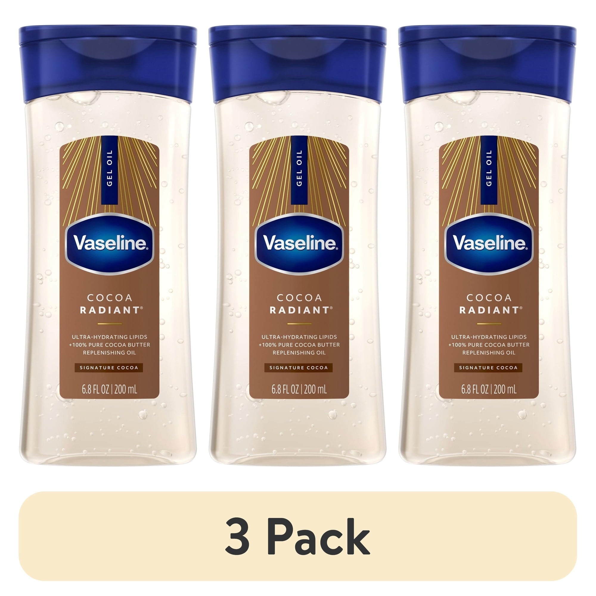 (3 pack) Vaseline Intensive Care Cocoa Radiant Body Gel Oil for Glowing Skin Made with 100% Pure Cocoa Butter + Replenishing Oils, 6.8 fl oz