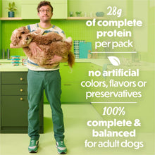 Adult dog beside a Beneful wet food promotion showing complete protein per pack