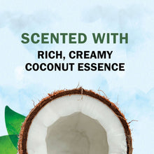 Coconut half ingredient graphic with scented shampoo label banner