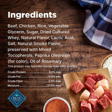 Dog treat ingredients panel with red-brown treat pieces