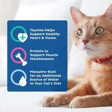 Wet cat food paté nutrition panel beside an orange-and-white cat