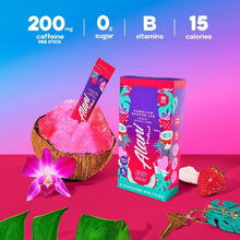 Energy drink powder stick and box showing 200 mg caffeine per stick and 0 g sugar