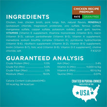 Purina ONE grain-free wet cat food chicken recipe ingredient and guaranteed analysis panel