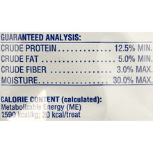 Guaranteed analysis and calorie content text on dog treat bag
