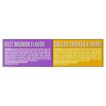Dog pet food variety pack box showing filet mignon and grilled chicken flavor panels