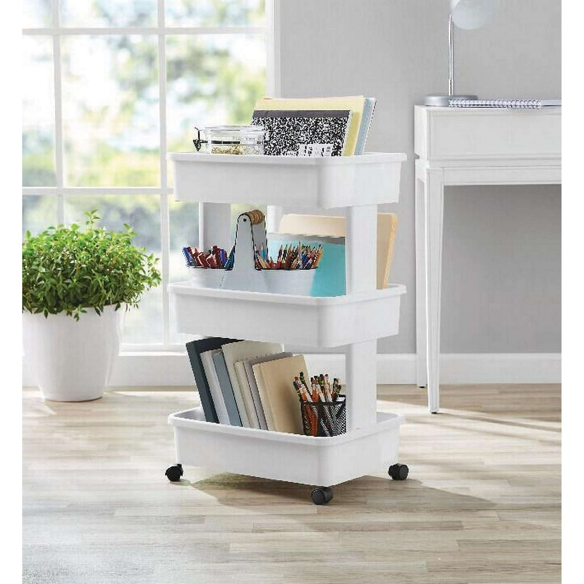 Mainstays 3-Tier Plastic Rolling Laundry Cart, Arctic White