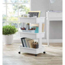 Arctic white 3-tier plastic rolling cart with three open shelves for storage and casters