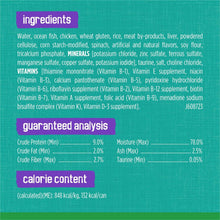 Wet cat food ingredients and guaranteed analysis panel on back label