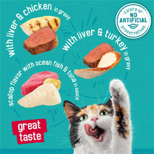 Friskies Tasty Treasures wet cat food variety label for liver, chicken, turkey, tuna