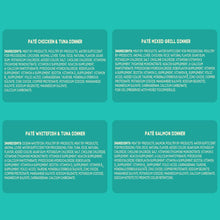 Variety pack ingredient panels for chicken, turkey, tuna, and salmon pate dinners