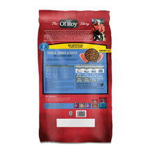 Back panel of red dry dog food bag with feeding and nutrition information