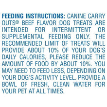 Feeding instructions text for beef flavor dog treats, recommended feeding guidance