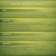 Usage instructions for unscented natural paper pellet cat litter, fill scoop refresh