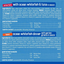 Wet cat food can label: prime fillets with ocean whitefish & tuna in gravy