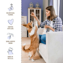 Soft dog treats offered to two dogs by a person in a home