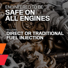 K&N fuel system cleaner promo graphic with engine components and text overlay.
