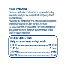 Golden Rewards dog jerky treats bag, feeding instructions and suggestions panel