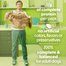 Adult dog being held by a person, promoting complete protein and no artificial additives