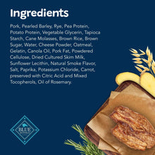 Blue Buffalo Sizzlers bacon-style dog treats ingredients list with pork, barley, and pea protein