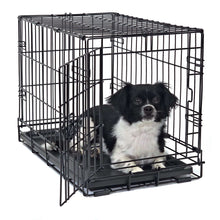 Black wire dog crate with divider and tray, with a small dog inside