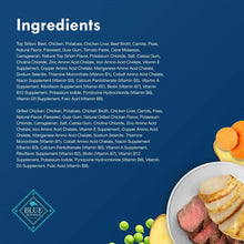 Blue Delights ingredients panel with wet dog food portions in bowls