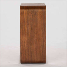 Amelia C-shape table end view with smooth dark wood body and rounded top