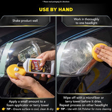 Hand applying PlastX polish to headlight lens with yellow foam applicator