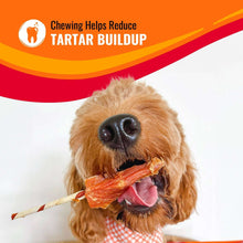 Dog holding a red-and-cream twisted rawhide chew with tongue out