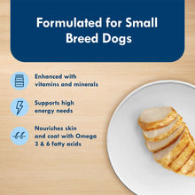 Small breed wet dog food packaging panel with omega 3 and 6 fatty acids icon