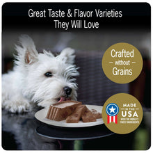 Grain-free wet dog food variety pack with Crafted without Grains badge and served trays
